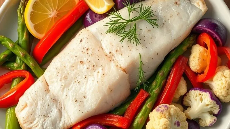 A vibrant, photorealistic overhead shot of a perfectly steamed white fish fillet, surrounded by a colorful array of precisely cooked, crisp-tender low-carb vegetables like bright green asparagus, purple cauliflower florets, and red bell pepper strips. A lemon wedge and fresh dill sprigs garnish the dish. professional photography, 8K, cinematic lighting, sharp focus, depth of field, shot on a high-end DSLR.