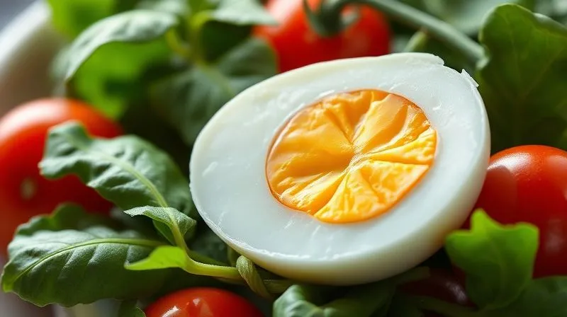 A photorealistic, professional photography, 8K, cinematic lighting, sharp focus, depth of field, shot on a high-end DSLR, close-up of a single perfectly peeled hard-boiled egg cut in half, revealing a bright yellow yolk, surrounded by fresh, vibrant green spinach leaves and cherry tomatoes, emphasizing health and nutrition, with soft, natural light.
