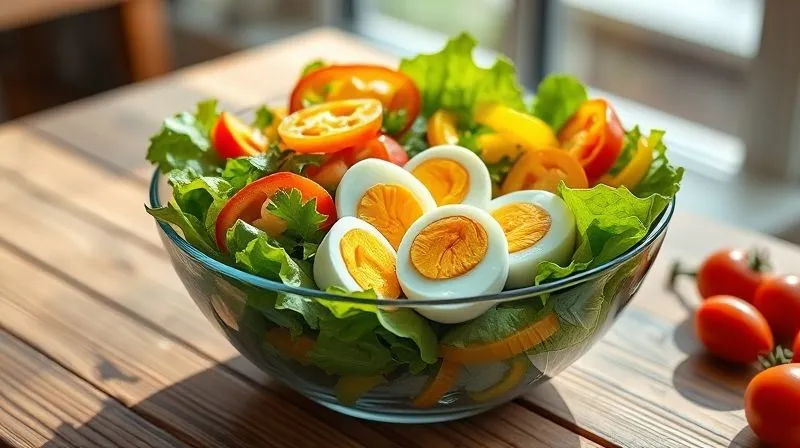 A photorealistic, professional photography, 8K, cinematic lighting, sharp focus, depth of field, shot on a high-end DSLR, a vibrant, fresh salad bowl with sliced hard-boiled eggs, crisp lettuce, colorful bell peppers, cherry tomatoes, and a light vinaigrette dressing, presented on a rustic wooden table with natural light streaming in, conveying health and freshness.