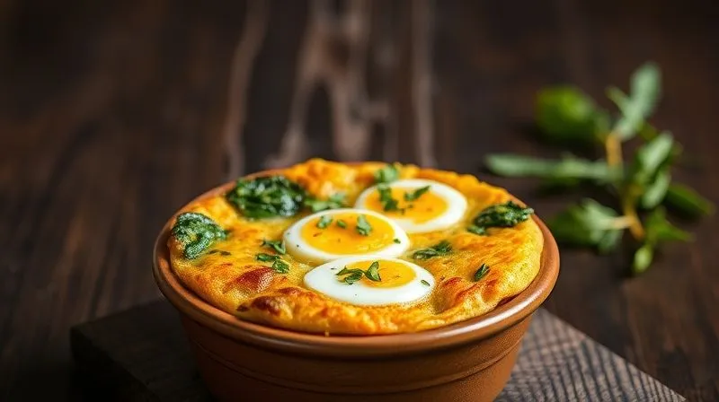 A photorealistic, professional photography, 8K, cinematic lighting, sharp focus, depth of field, shot on a high-end DSLR, a steaming, golden-brown mini frittata baked with colorful vegetables like spinach, bell peppers, and sliced hard-boiled eggs, served in a small ceramic dish, with fresh herbs sprinkled on top, on a dark wooden background, conveying warmth and healthy indulgence.