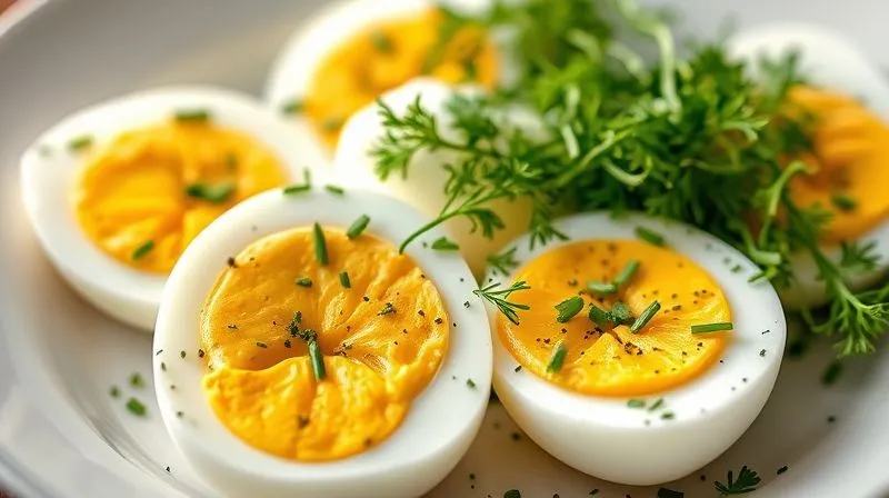 Photorealistic close-up of vibrant fresh herbs like dill, chives, and parsley sprinkled over sliced hard-boiled eggs on a white plate, sharp focus, cinematic lighting, 8K, professional food photography