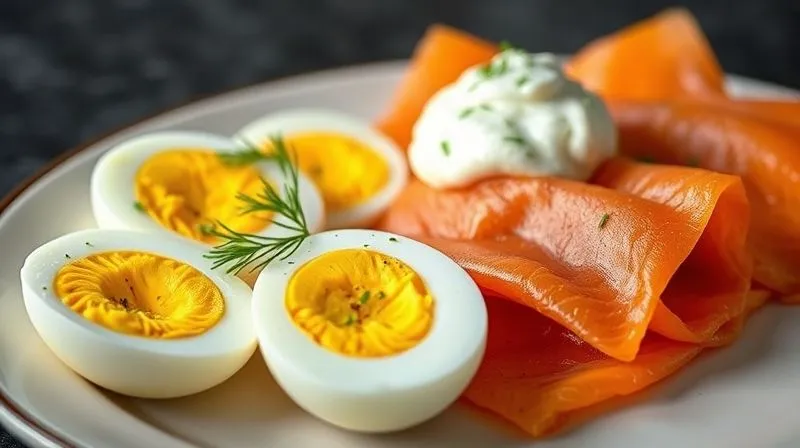 Photorealistic image of a plate with sliced hard-boiled eggs, thin strips of smoked salmon, and a dollop of cream cheese, garnished with fresh dill. Professional food photography, cinematic lighting, 8K, sharp focus.