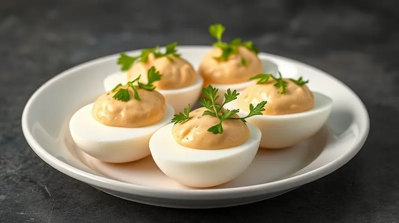 Photorealistic image of halved hard-boiled eggs generously topped with a creamy horseradish sauce and fresh cress, arranged on a minimalist white plate. Professional food photography, cinematic lighting, 8K, sharp focus.