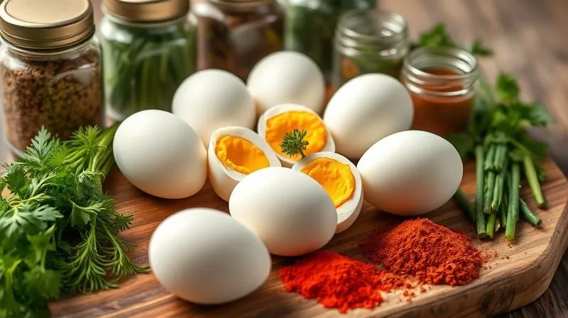 Photorealistic, professional photography, 8K, cinematic lighting, sharp focus on a collection of vibrant, fresh herbs (dill, chives, parsley, basil) and exotic spice jars (smoked paprika, curry powder, cumin) artfully arranged around several perfectly peeled hard-boiled eggs on a rustic wooden board. Depth of field softly blurs the background, shot on a high-end DSLR, emphasizing freshness and flavor.