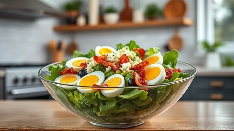 Photorealistic, professional photography, 8K, cinematic lighting, sharp focus on a vibrant, colorful keto Cobb salad in a large, elegant bowl. Perfectly sliced hard-boiled eggs, crispy bacon, creamy avocado, crumbled blue cheese, and fresh mixed greens are artfully arranged. Depth of field softly blurs the background of a modern kitchen, shot on a high-end DSLR, emphasizing freshness and gourmet quality.