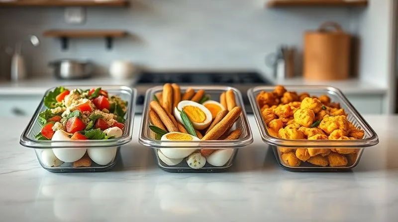 Photorealistic, professional photography, 8K, cinematic lighting, sharp focus on a collection of neatly organized meal prep containers on a clean kitchen counter. Each container holds a different keto-friendly hard-boiled egg meal: one with a Cobb salad, another with deviled eggs and veggie sticks, and a third with egg curry. Depth of field softly blurs the background, shot on a high-end DSLR, emphasizing organization and healthy eating.
