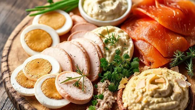 A photorealistic, professional photography, 8K image showcasing a variety of high-protein ingredients suitable for sandwiches, arranged aesthetically on a rustic wooden board. This includes perfectly boiled eggs, slices of lean smoked turkey breast, a bowl of creamy cottage cheese with chives, a vibrant green portion of homemade hummus, and flaked smoked salmon. Cinematic lighting with a soft, natural glow highlights the textures and freshness of each item. Sharp focus on the foreground elements, with a gentle depth of field blurring the background. Shot on a high-end DSLR.