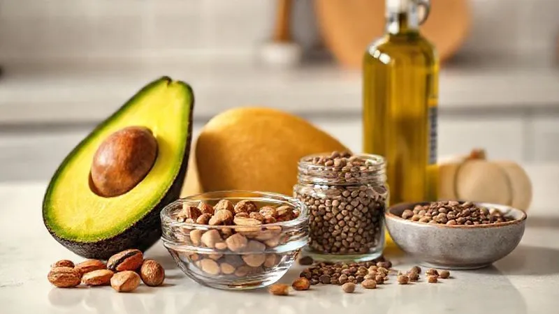 A photorealistic, professional photography, 8K image of a selection of healthy fats arranged on a clean, light-colored kitchen counter. The composition includes a perfectly ripe avocado cut in half, a small bowl of mixed nuts (almonds, walnuts), a glass jar filled with chia seeds, a bottle of high-quality extra virgin olive oil, and a small dish of pumpkin seeds. Cinematic lighting emphasizes the textures and natural colors, with a sharp focus on the foreground elements and a subtle depth of field. Shot on a high-end DSLR.