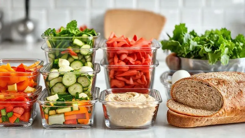 A photorealistic, professional photography, 8K image showcasing a well-organized kitchen counter with various meal-prepped breakfast ingredients. Clear glass containers hold neatly chopped vegetables (bell peppers, cucumbers, cherry tomatoes), hard-boiled eggs, a portion of homemade hummus, and a container of mixed greens. A loaf of whole-grain bread is partially sliced. The scene is clean, bright, and functional, with soft, even lighting, sharp focus on the prepared food, and a gentle depth of field. Shot on a high-end DSLR.