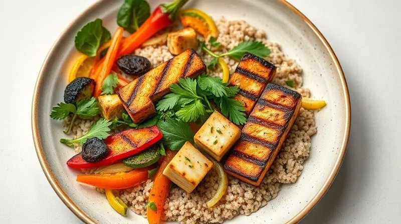 Photorealistic image of a vibrant, healthy vegan buckwheat bowl with colorful roasted vegetables, grilled tofu, and fresh herbs, arranged artfully on a light ceramic plate. Professional photography, 8K, cinematic lighting, sharp focus, depth of field, shot on a high-end DSLR, evoking freshness and deliciousness.