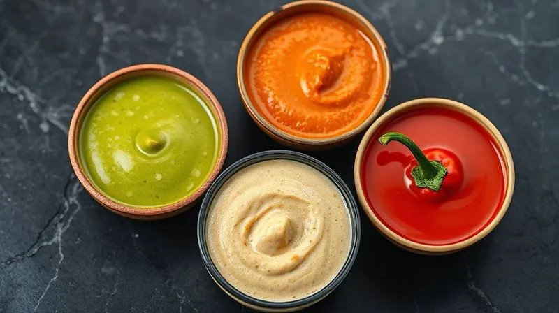 Photorealistic close-up of three small bowls of colorful vegan sauces: a creamy green herb sauce, a rich tahini-lemon dressing, and a vibrant red pepper sauce, artfully arranged on a dark stone background. Professional photography, 8K, cinematic lighting, sharp focus, depth of field, shot on a high-end DSLR, emphasizing texture and freshness.