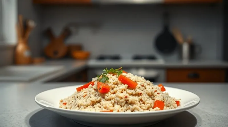 Photorealistic image of a visually unappealing, bland, and repetitive meal of plain buckwheat with minimal vegetables, sitting on a kitchen counter in harsh, unflattering light. The scene conveys a sense of culinary boredom and lack of inspiration. Professional photography, 8K, cinematic lighting, sharp focus, depth of field, shot on a high-end DSLR, emphasizing the negative emotional aspect.