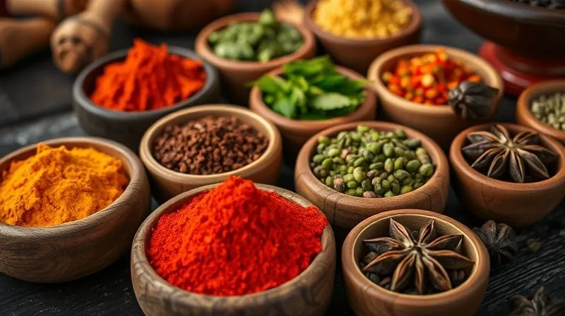 Photorealistic, professional photography, 8K, cinematic lighting, sharp focus, depth of field, shot on a high-end DSLR. A close-up shot of an array of colorful spices in small wooden bowls – vibrant turmeric, red paprika, green dried herbs, black peppercorns, and star anise – arranged on a dark, rustic kitchen counter, with soft, warm light emphasizing their textures and rich colors, symbolizing culinary diversity.
