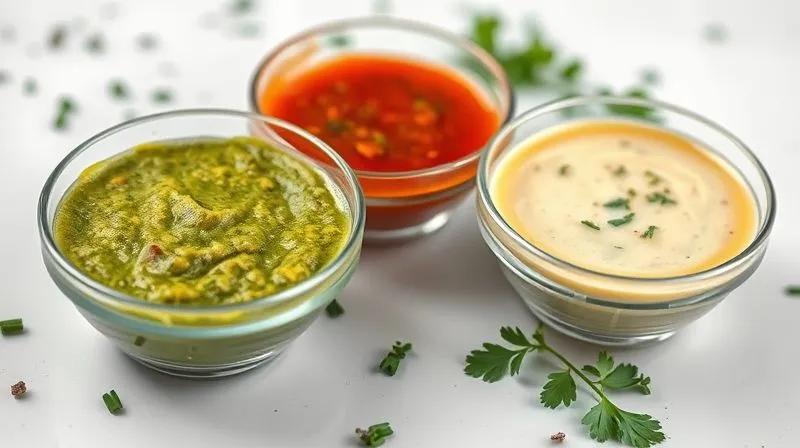 Photorealistic, professional photography, 8K, cinematic lighting, sharp focus, depth of field, shot on a high-end DSLR. A close-up of three small, elegant glass bowls containing different healthy sauces: a creamy green pesto, a vibrant red chili sauce, and a light, herb-infused yogurt dressing, arranged on a clean white surface with fresh herbs scattered around, emphasizing freshness and flavor.