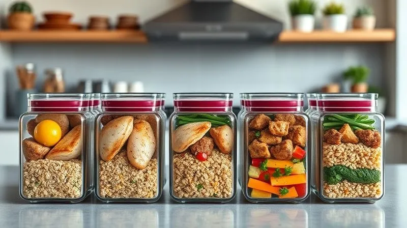 Photorealistic, professional photography, 8K, cinematic lighting, sharp focus, depth of field, shot on a high-end DSLR. A neatly organized meal prep station in a modern kitchen, featuring several glass containers filled with diverse, healthy meals for the week. Each container shows a different variation of chicken and grains with colorful vegetables, reflecting thoughtful planning and variety. The scene is bright and clean, with a sense of efficiency and healthy living.
