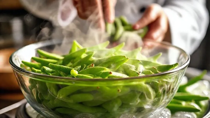A photorealistic, professional photography shot of vibrant green beans being steamed in a glass steamer basket, with steam gently rising. In the background, a chef's hands are lightly seasoning blanched green beans in an ice bath. Cinematic lighting, sharp focus on the steaming beans, depth of field blurring the background, 8K hyper-detailed, shot on a high-end DSLR.