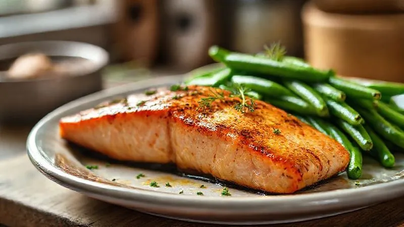 A photorealistic, professional photography shot of a vibrant, colorful dinner plate. On the plate, there's a perfectly grilled salmon fillet, a generous portion of bright green steamed green beans, and a sprinkle of fresh dill. The background is softly blurred, showcasing a rustic kitchen setting. Cinematic lighting, sharp focus on the food, depth of field, 8K hyper-detailed, shot on a high-end DSLR.