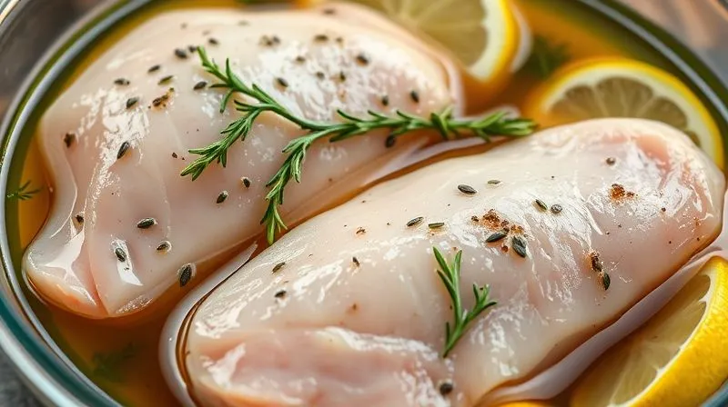 A close-up, photorealistic image of lean turkey fillets marinating in a vibrant, herb-infused liquid in a clear glass dish, with fresh lemons and thyme sprigs visible. Cinematic lighting, sharp focus on the texture of the turkey and the marinade, depth of field, 8K, shot on a high-end DSLR.