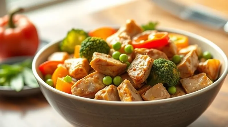 A vibrant, photorealistic image of a healthy, low-fat turkey stir-fry, served in a modern bowl, bursting with colorful vegetables like bell peppers, broccoli, and snow peas. The turkey pieces are golden brown, and a light, aromatic sauce glistens. Cinematic lighting, steam gently rising, sharp focus, depth of field, 8K, shot on a high-end DSLR.