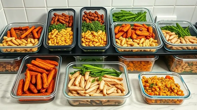 A meticulously organized kitchen counter with various meal prep containers filled with different, healthy turkey-based meals for the week. Each container shows a distinct, colorful dish, indicating variety. The scene is bright and clean, with natural light. Photorealistic, professional photography, 8K, cinematic lighting, sharp focus, depth of field, 8K, shot on a high-end DSLR.
