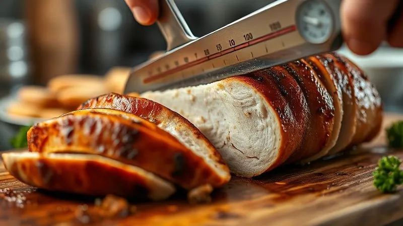 A close-up, photorealistic image of a perfectly cooked, juicy turkey fillet being sliced, revealing its tender, moist interior. A kitchen thermometer is visible, showing the ideal internal temperature. The background is slightly blurred, focusing on the quality of the meat. Cinematic lighting, sharp focus, depth of field, 8K, shot on a high-end DSLR.