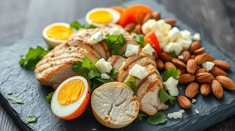 photorealistic, professional photography, 8K, cinematic lighting, sharp focus, depth of field, shot on a high-end DSLR, a vibrant selection of various protein sources for a low-carb salad: grilled chicken slices, hard-boiled eggs, crumbled feta cheese, and roasted almonds, elegantly arranged on a dark slate board, emphasizing diversity and nutrition.