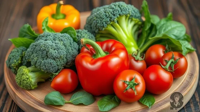 photorealistic, professional photography, 8K, cinematic lighting, sharp focus, depth of field, shot on a high-end DSLR, a vibrant, colorful array of low-carb vegetables like bell peppers, broccoli florets, spinach, and cherry tomatoes, artfully arranged on a wooden board, emphasizing freshness and variety.