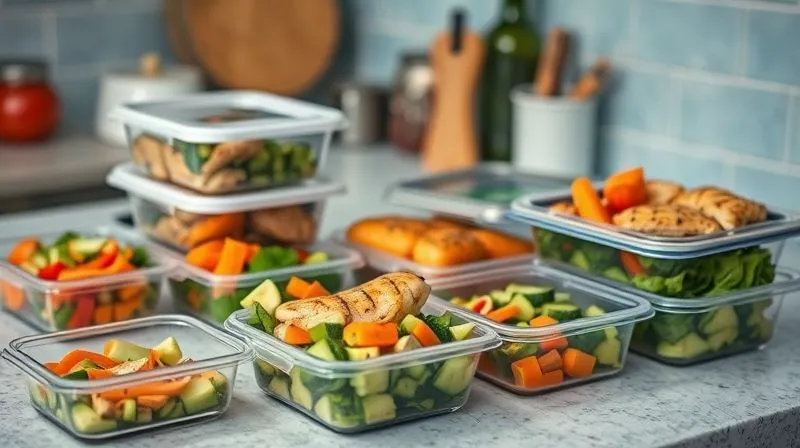 photorealistic, professional photography, 8K, cinematic lighting, sharp focus, depth of field, shot on a high-end DSLR, an organized kitchen counter with various meal prep containers filled with pre-chopped vegetables, grilled chicken, and homemade dressing, ready for assembly. The scene conveys efficiency and healthy living.