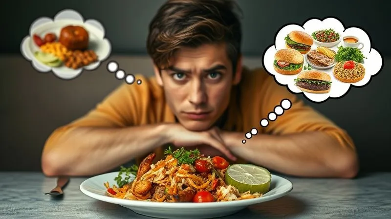 A visually striking image of a person looking bored and uninspired at a plate of plain food, with a thought bubble showing vibrant, diverse meals. Photorealistic, professional photography, 8K, cinematic lighting, sharp focus, depth of field, shot on a high-end DSLR. Evokes a feeling of culinary stagnation and longing for variety.