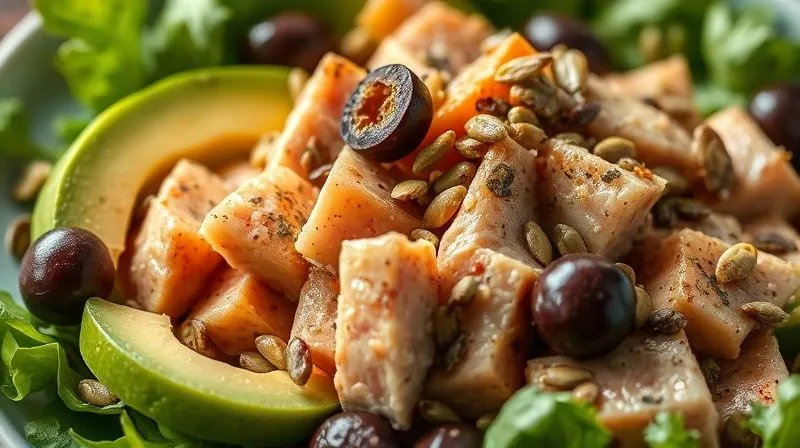 A close-up, artistic shot of a vibrant, low-carb tuna salad, showcasing a variety of healthy fats like sliced avocado, glistening olives, and sprinkled pumpkin seeds. The ingredients are perfectly textured and arranged. Photorealistic, professional photography, 8K, cinematic lighting, sharp focus on the textures, depth of field, shot on a high-end DSLR. Evokes richness and health.