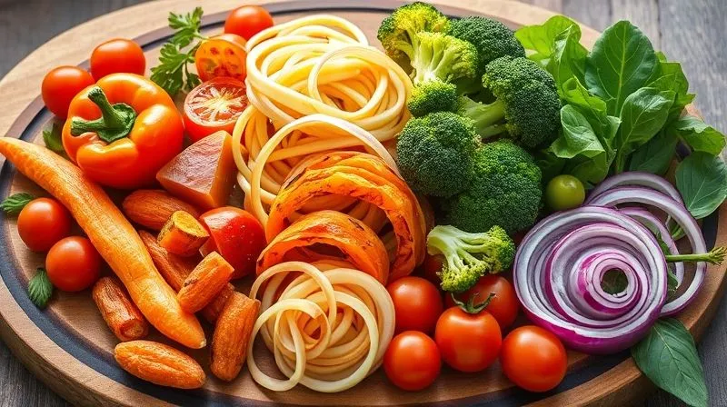 photorealistic, professional photography, 8K, cinematic lighting, sharp focus, depth of field, shot on a high-end DSLR, a vibrant and colorful assortment of fresh, raw, and roasted vegetables artfully arranged on a rustic wooden board, including crisp bell peppers, cherry tomatoes, spiralized carrots, roasted broccoli florets, pickled red onions, and fresh leafy greens, with dappled sunlight highlighting their textures.