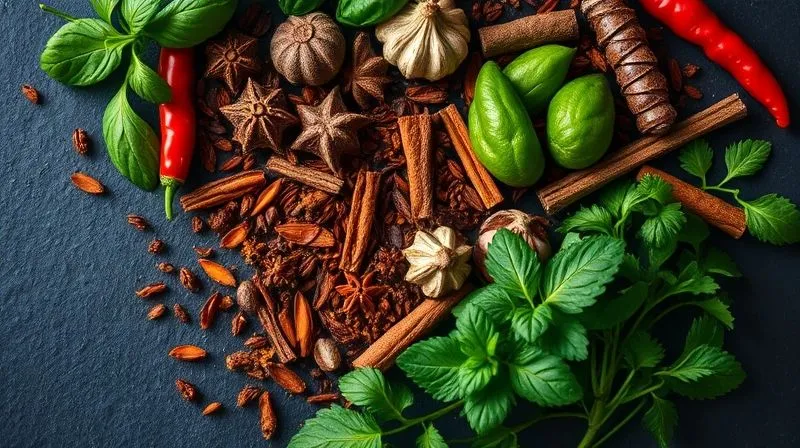 photorealistic, professional photography, 8K, cinematic lighting, sharp focus, depth of field, shot on a high-end DSLR, a close-up, top-down view of an assortment of vibrant fresh herbs like mint, cilantro, and basil, intertwined with exotic spices such as cumin seeds, smoked paprika, and chili flakes, all arranged on a dark, textured background, creating a rich tapestry of colors and aromas.
