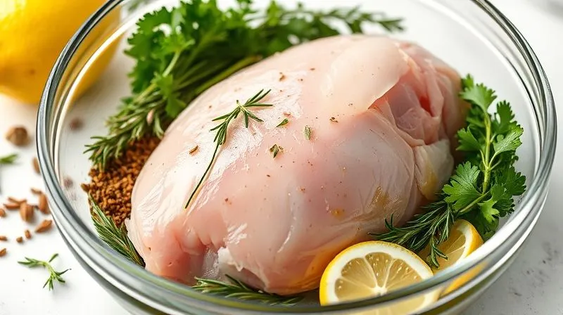 Photorealistic, professional photography, 8K, cinematic lighting, sharp focus, depth of field, shot on a high-end DSLR. A close-up of various fresh spices, herbs (rosemary, thyme, parsley), lemon slices, and olive oil artfully arranged around a raw turkey breast fillet in a glass bowl, suggesting a marinating process. The scene is bright and inviting, emphasizing freshness and natural ingredients.