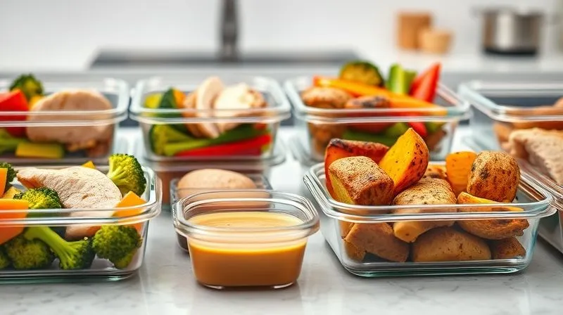 Photorealistic, professional photography, 8K, cinematic lighting, sharp focus, depth of field, shot on a high-end DSLR. A vibrant, healthy meal prep scene. Several glass containers filled with perfectly portioned turkey breast meals, each with different colorful roasted vegetables (broccoli, bell peppers, sweet potatoes) and a small separate container of a low-calorie dipping sauce. The background is a clean, modern kitchen counter. The image conveys organization, health, and deliciousness.
