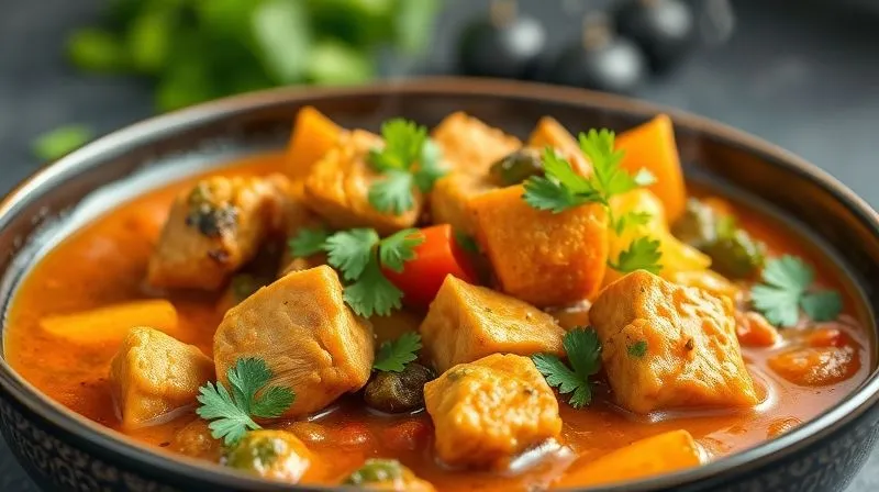 Photorealistic, professional photography, 8K, cinematic lighting, sharp focus, depth of field, shot on a high-end DSLR. A close-up of a beautifully plated, healthy curry with succulent turkey pieces, vibrant mixed vegetables, and fresh cilantro, served in a stylish bowl. Steam is subtly rising. The background is softly blurred, focusing on the delicious and inviting meal, emphasizing flavor and health.