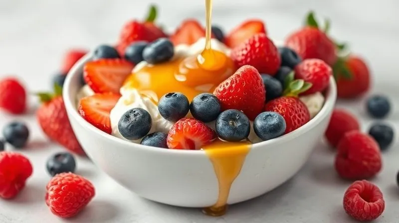 A vibrant bowl of protein cottage cheese topped with a colorful medley of fresh berries (strawberries, blueberries, raspberries) and a drizzle of honey, set against a clean, minimalist background. Photorealistic, professional photography, 8K, cinematic lighting, sharp focus, depth of field, shot on a high-end DSLR.