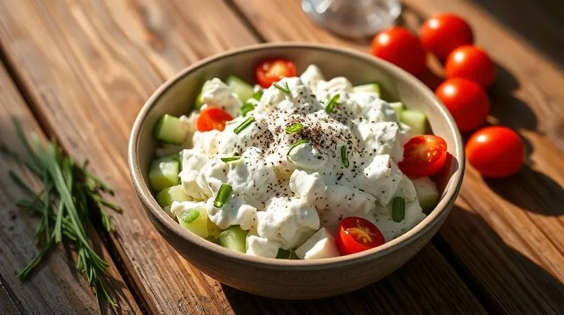A savory bowl of protein cottage cheese mixed with diced cucumbers, cherry tomatoes, fresh chives, and dill, garnished with black pepper. The setting is a rustic wooden table with natural light. Photorealistic, professional photography, 8K, cinematic lighting, sharp focus, depth of field, shot on a high-end DSLR.