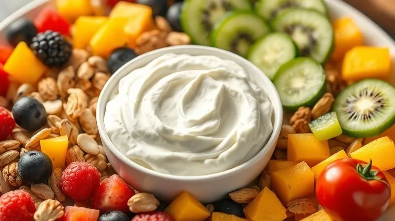 photorealistic, professional photography, 8K, cinematic lighting, sharp focus, depth of field, shot on a high-end DSLR, a vibrant, healthy breakfast spread with a bowl of plain cottage cheese in the center, surrounded by an array of colorful fresh fruits (berries, kiwi, mango), chopped nuts, seeds, and fresh vegetables (cucumber, bell peppers, cherry tomatoes), suggesting endless customization possibilities. The scene exudes freshness and health.