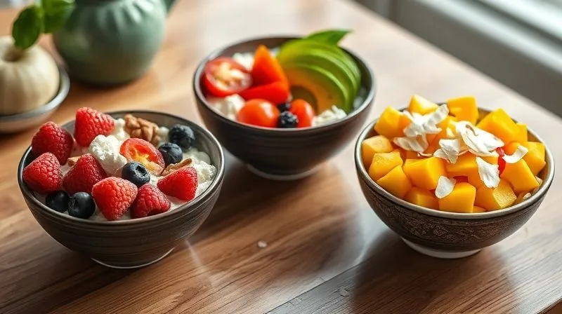 photorealistic, professional photography, 8K, cinematic lighting, sharp focus, depth of field, shot on a high-end DSLR, a vibrant breakfast table with three distinct bowls of cottage cheese. One bowl is sweet with berries and nuts, another is savory with avocado and cherry tomatoes, and a third is exotic with mango and coconut flakes. Each bowl is artfully arranged and visually distinct, showcasing diverse flavors and textures.