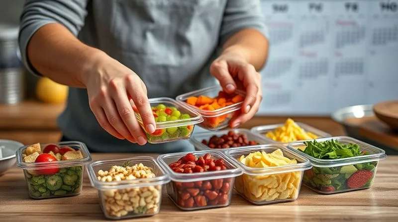 photorealistic, professional photography, 8K, cinematic lighting, sharp focus, depth of field, shot on a high-end DSLR, a person's hands meticulously arranging pre-portioned containers with various colorful ingredients for cottage cheese breakfasts. The background shows a kitchen calendar with different breakfast ideas for each day of the week, emphasizing meal planning and preparation.
