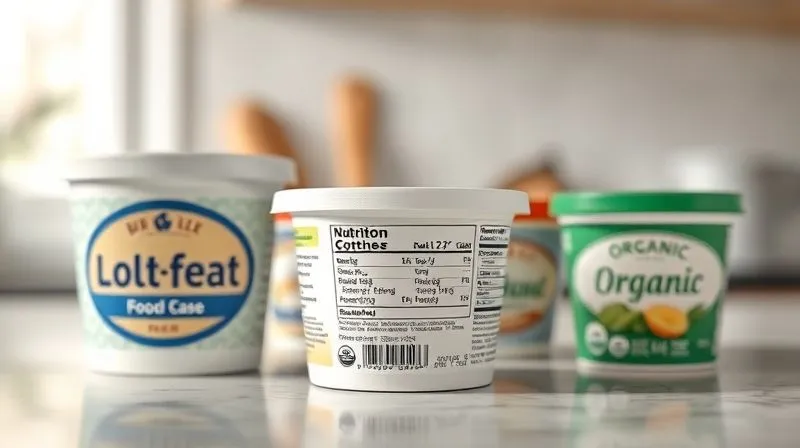 Photorealistic image of various types of cottage cheese containers (low-fat, full-fat, organic) on a clean kitchen counter, with a blurred nutrition label visible on one, emphasizing healthy choices and reading labels. Cinematic lighting, sharp focus on the labels, depth of field. 8K hyper-detailed.