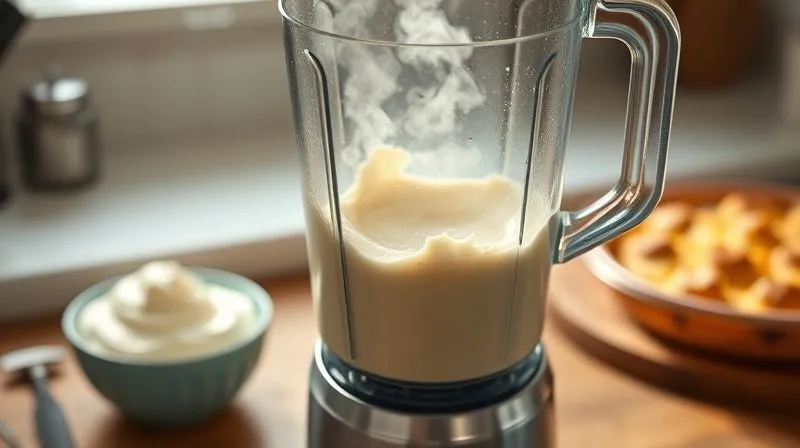 Photorealistic image of a kitchen scene with a blender actively blending cottage cheese into a smooth, creamy consistency, with steam subtly rising. In the background, a small bowl of whipped cottage cheese and a baked cottage cheese dish are visible. Cinematic lighting, sharp focus on the blender, depth of field. 8K hyper-detailed.