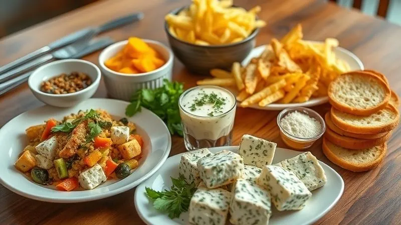 Photorealistic image of a diverse keto meal spread on a wooden table, featuring a savory cottage cheese dish with herbs and vegetables, a sweet cottage cheese dessert, and a cottage cheese based snack, showcasing variety and abundance. Cinematic lighting, sharp focus on the food, depth of field. 8K hyper-detailed.