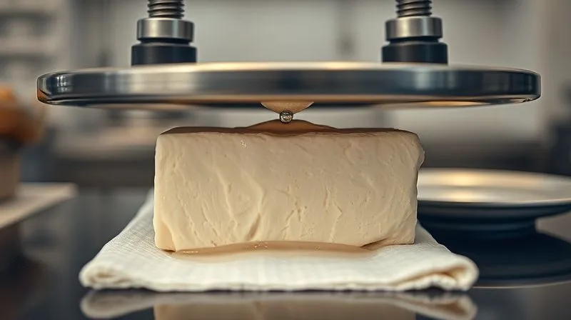A close-up, photorealistic image of a block of firm tofu being pressed under weights between two plates, with excess water visibly dripping onto a paper towel. The scene is set in a clean, modern kitchen, with cinematic lighting highlighting the process. Sharp focus on the tofu press, depth of field. 8K hyper-detailed, shot on a high-end DSLR.