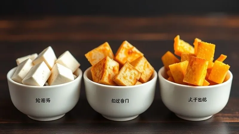 A vibrant, photorealistic still life image of three small bowls, each containing perfectly cooked tofu using different low-calorie methods: one with pan-fried tofu, one with oven-baked tofu, and one with air-fried tofu. Each bowl is subtly labeled. The focus is on the distinct textures and golden hues achieved by each method. Professional photography, cinematic lighting, sharp focus, depth of field. 8K hyper-detailed, shot on a high-end DSLR.