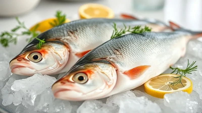 A professional, photorealistic close-up of fresh, raw zander fillets on a bed of ice with lemon slices and fresh dill, showcasing their lean, white flesh. The background is a clean, modern kitchen counter, with soft, natural light emphasizing freshness. 8K hyper-detailed, sharp focus on the fish, depth of field, shot on a high-end DSLR.