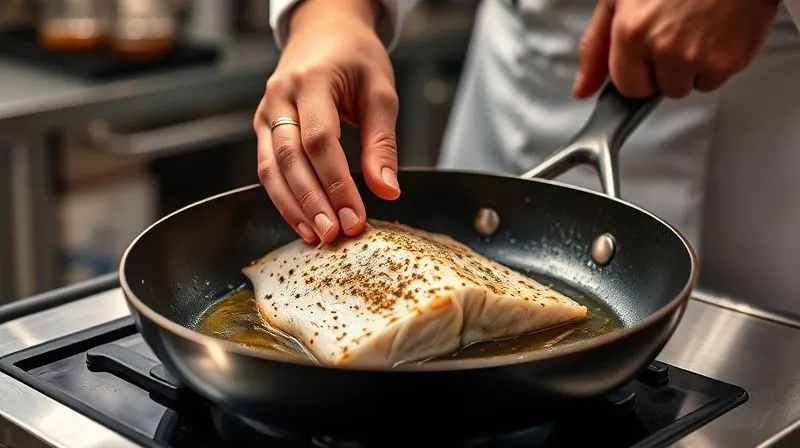 A professional kitchen scene, photorealistic, with a chef's hand gently placing a seasoned zander fillet onto a perfectly preheated non-stick pan, showing a very thin layer of high-smoke-point oil shimmering. Cinematic lighting, sharp focus on the pan and fish, depth of field blurring the background kitchen. 8K hyper-detailed, shot on a high-end DSLR.