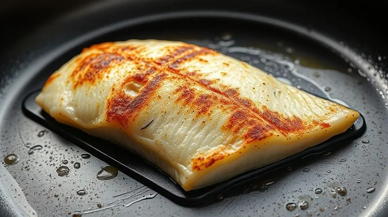 A close-up, photorealistic image of a zander fillet on a pan, appearing slightly overcooked and lacking crispness, with a visible excess of oil. The lighting is slightly harsh, emphasizing the undesirable texture. 8K hyper-detailed, sharp focus, depth of field, shot on a high-end DSLR.