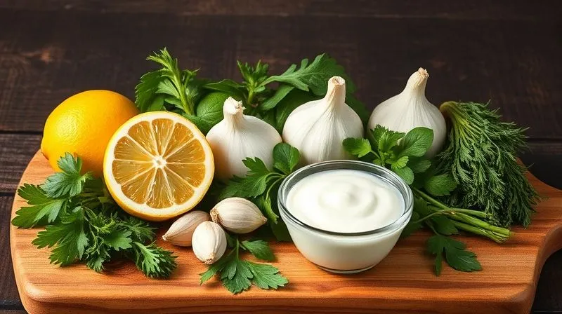 A professional studio shot of various fresh herbs, lemon, garlic, and a small bowl of natural yogurt, arranged artfully on a wooden board, symbolizing healthy marinades. Photorealistic, 8K, cinematic lighting.
