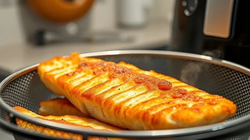 A perfectly golden-brown, crispy yet juicy zander fillet in an air fryer basket, with steam gently rising. The background shows a modern kitchen. Photorealistic, 8K, cinematic lighting.
